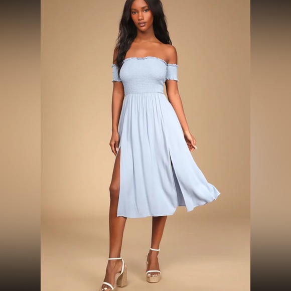 Lulus View from the Meadow Slate Blue Off-the-Shoulder Dress NWOT - Picture 1 of 4
